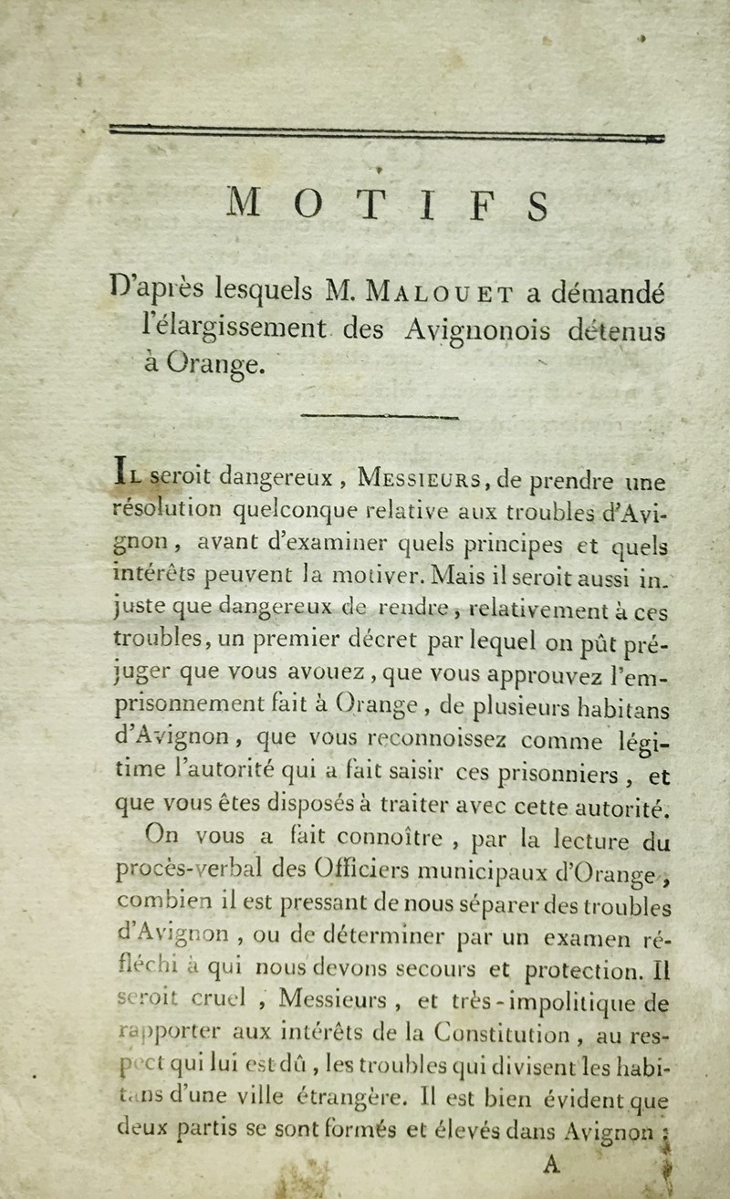 MALOUET. Motifs d&#39;apr&#232;s lesquels M. Malouet a demand&#233; l&#39;&#233;largissement des Avignonois d&#233;tenus &#224; Orange.  - Auction RARE BOOKS, PRINTS, MAPS AND DOCUMENTS. - Bado e Mart Auctions