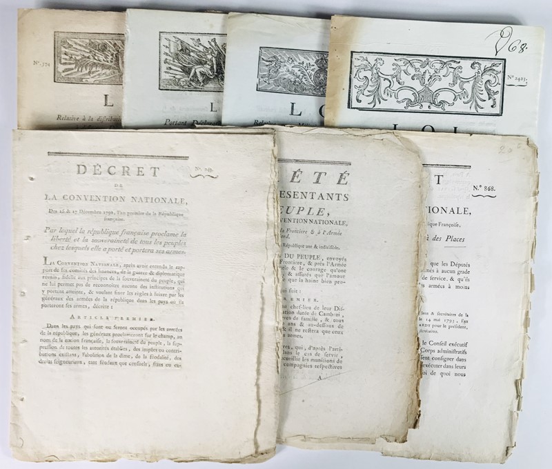 War of the French Revolution. Collection of seven Laws from 20 March 1791 to 4 August 1793.  - Auction RARE BOOKS, PRINTS, MAPS AND DOCUMENTS. - Bado e Mart Auctions