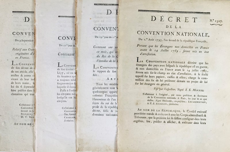 The Terror and foreigners. Collection of four laws of the National Convention, from August 1 to October 10, 1793.  - Auction RARE BOOKS, PRINTS, MAPS AND DOCUMENTS. - Bado e Mart Auctions