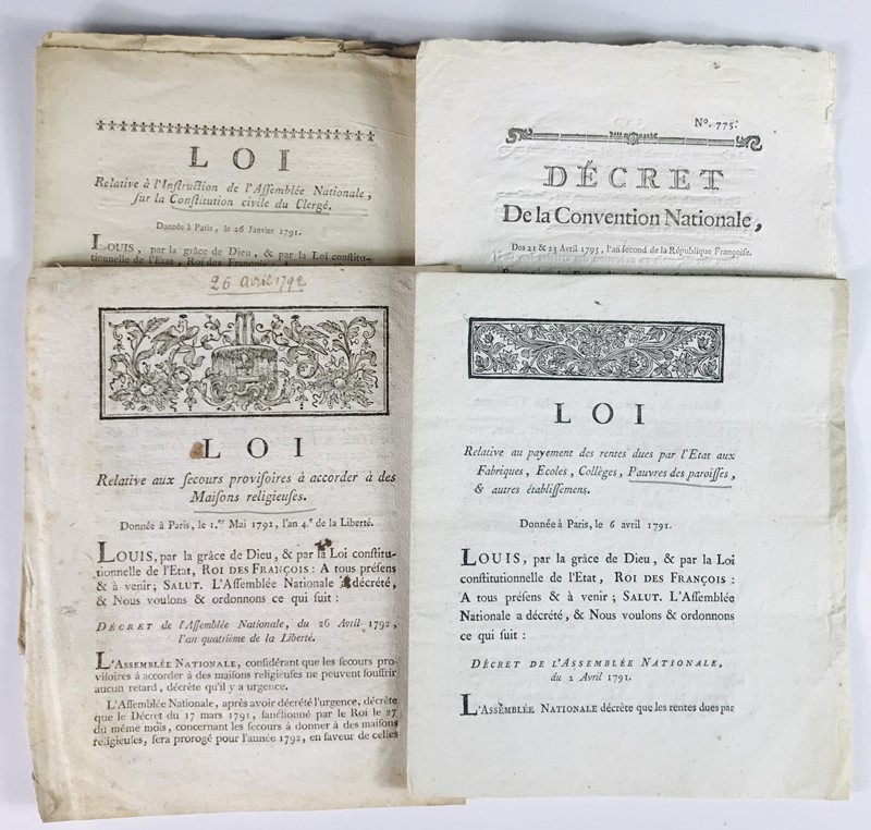 French Revolution. Laws on the Clergy. Collection of four laws of the National Assembly from January 26, 1791 to April 23, 1793.  - Auction RARE BOOKS, PRINTS, MAPS AND DOCUMENTS. - Bado e Mart Auctions