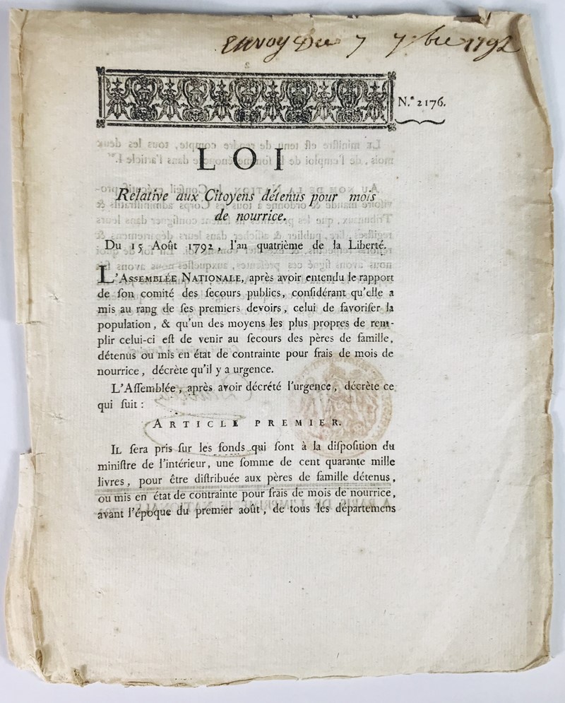 Aid to prisoners. DANTON. Loi relative aux Citoyens detenus pour mois de nourrice.  [..]