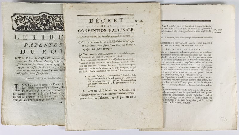Finances. Three Acts of the National Assembly and Convention. 1789-1793.  - Auction RARE BOOKS, PRINTS, MAPS AND DOCUMENTS. - Bado e Mart Auctions