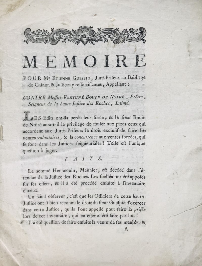 Civil law in the ancien regime. D&#39;AGUESSEAU. Memoire pour M. Etienne Guespin,  [..]