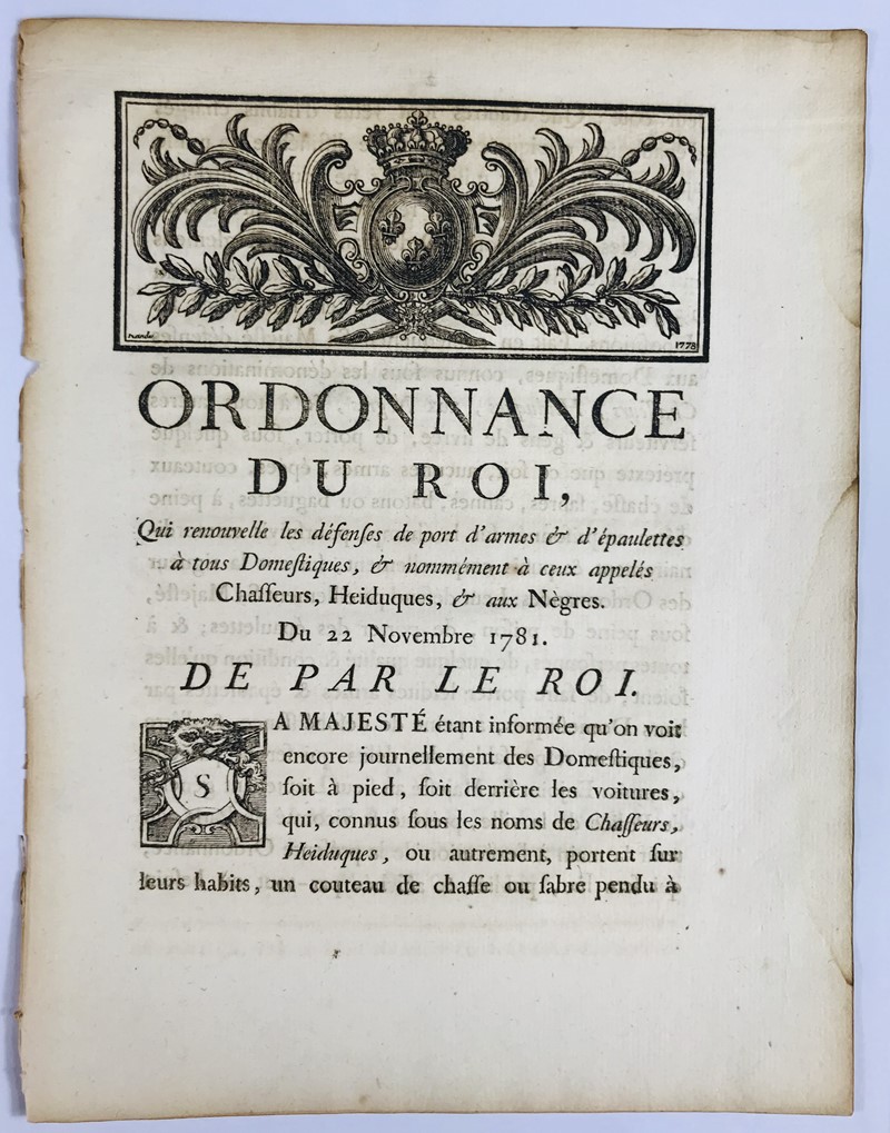 No weapons for servants and Negroes. Ordonnance du Roi, Qui renouvelle les defenses  [..]
