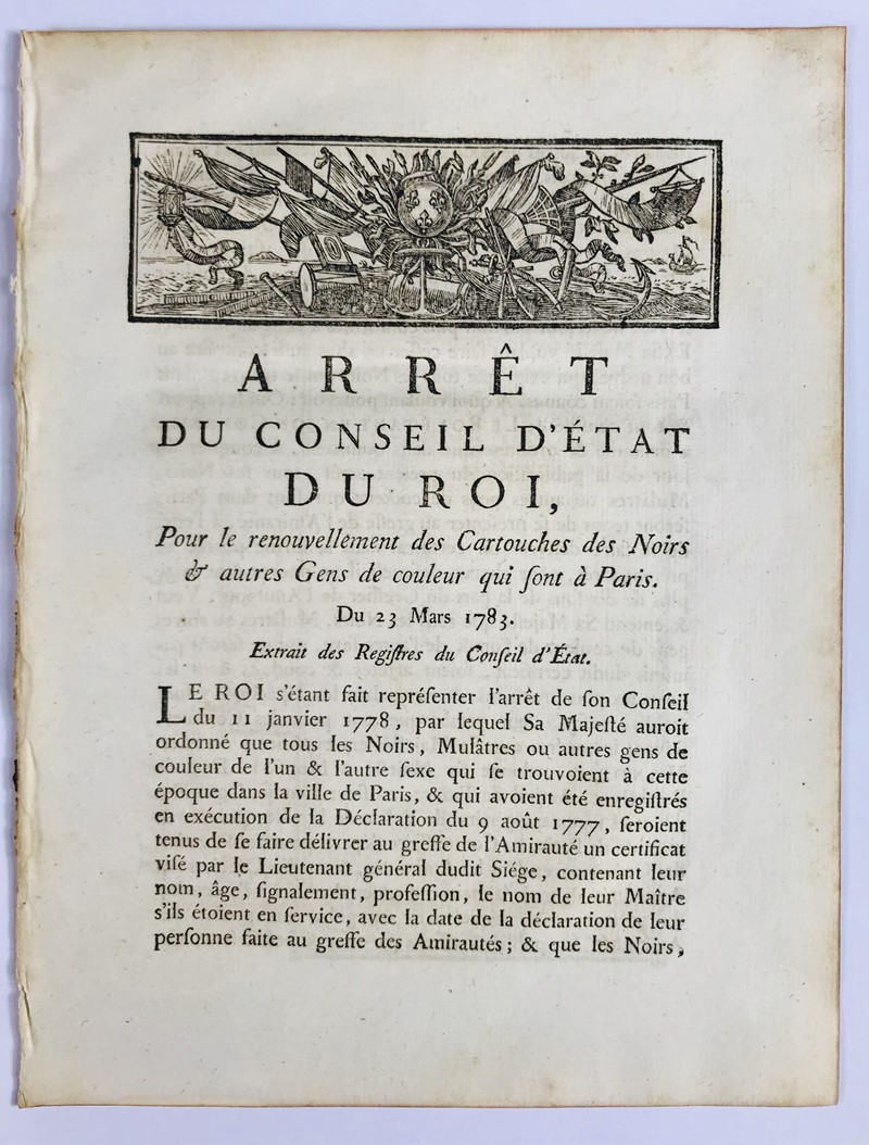 Identity card for Blacks. Arret du Conseil d’Etat du Roi, Pour le renouvellement  [..]