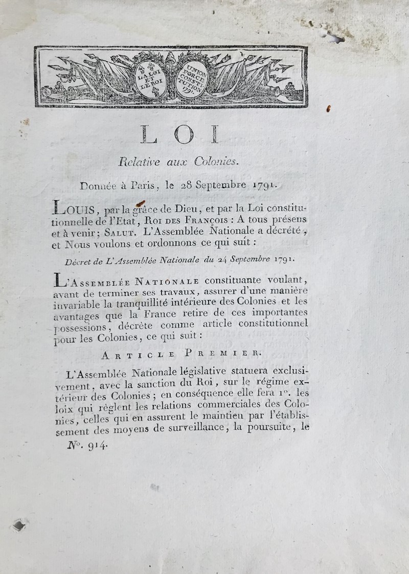 Slaves in the French Colonies. Loi relative aux Colonies.  - Auction Books, Autographs,  [..]