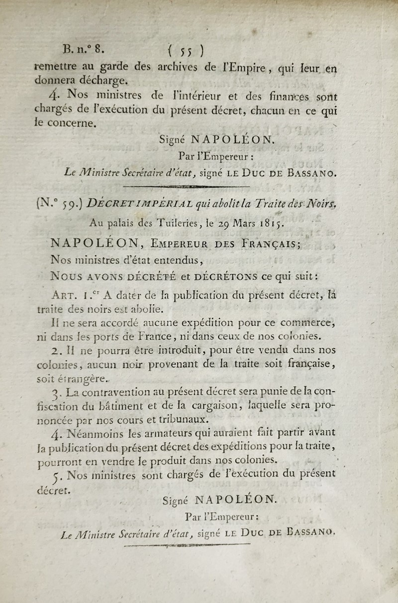 Hundred Days. Napoleon&#39;s decree abolishing the slave trade. Bullettin des  [..]