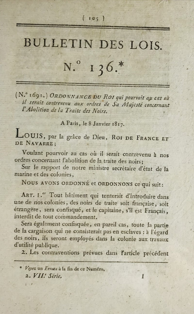Repression of traffickers. Luigi XVIII, King of France. Bullettin des Lois n. 136.  [..]