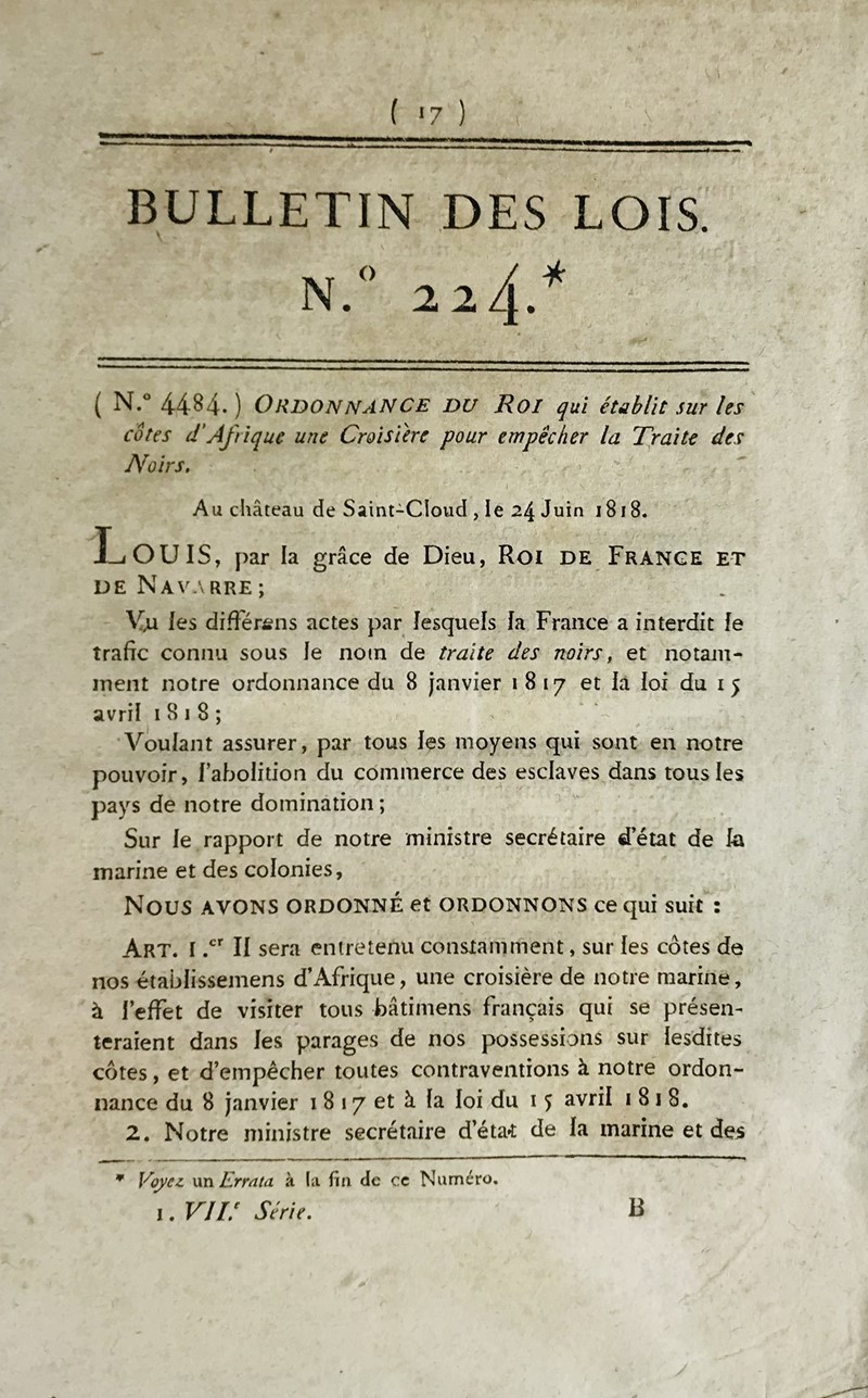 Fight against trafficking. Louis XVIII King of France. Bullettin des Lois n. 224.  [..]