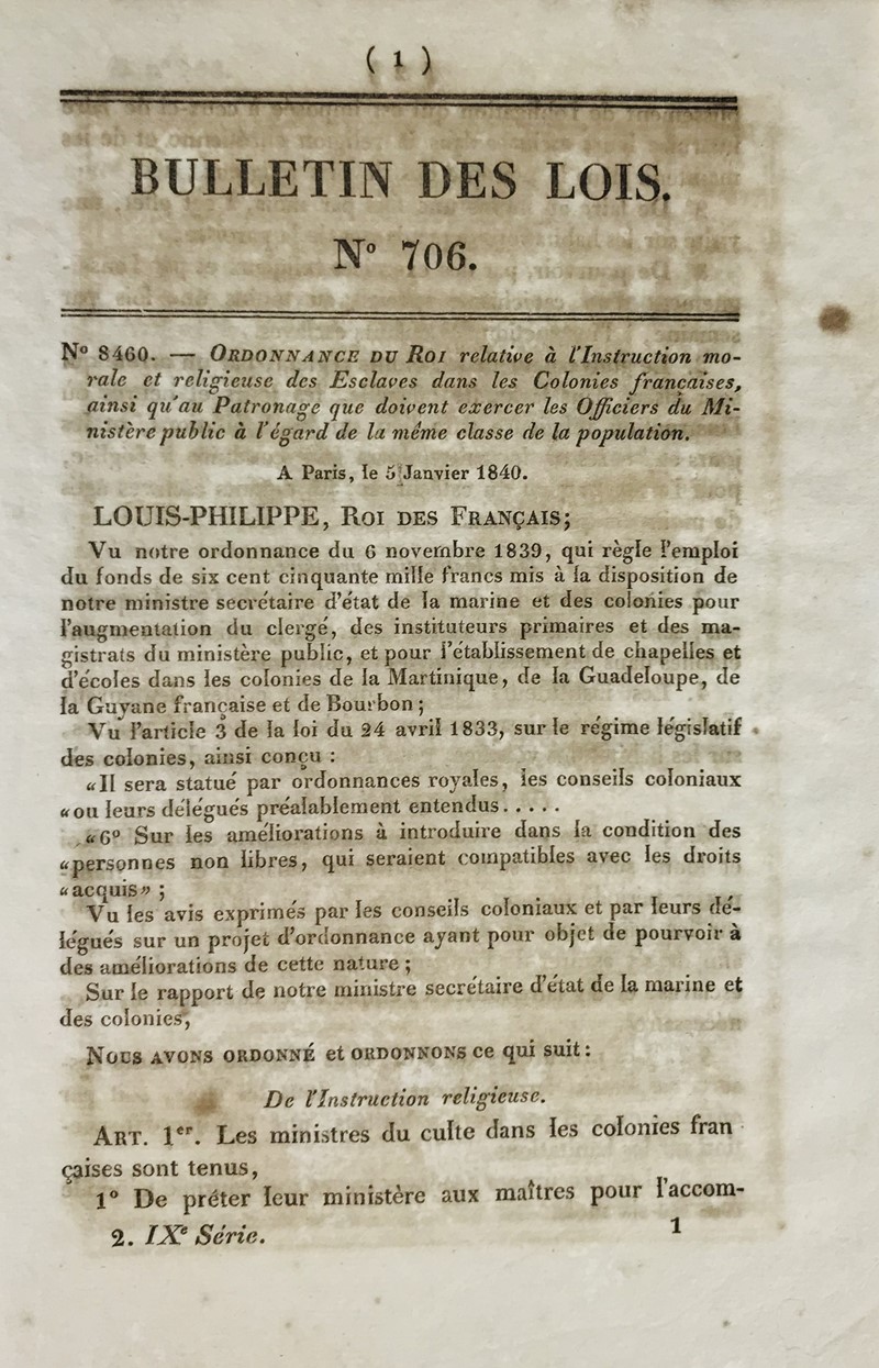 Patronage of slaves. Louis-Philippe I, king of the French. Bullettin des Lois. N.  [..]