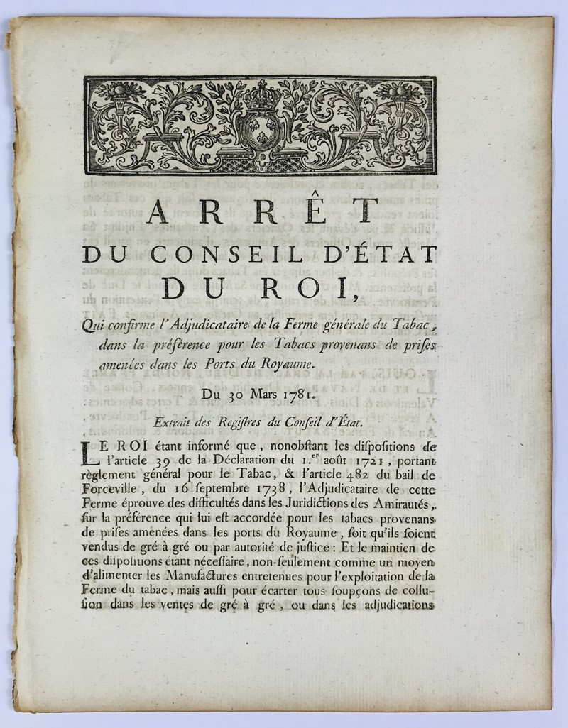 Tobacco and Corsairs. NECKER - MOREAU DE BEAUMONT.‎ Arr&#234;t du Conseil  [..]