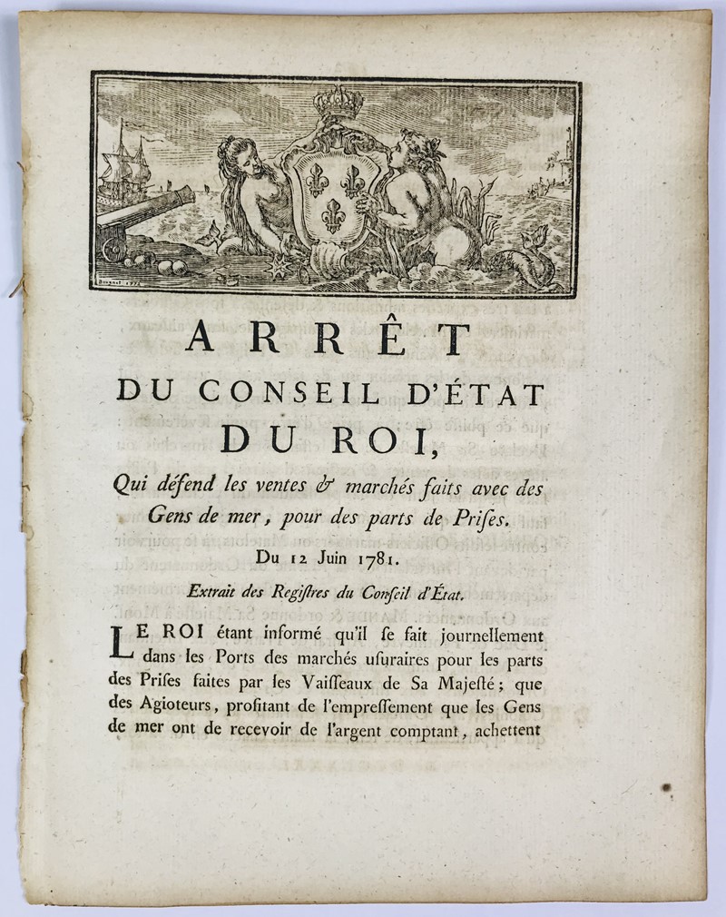 Corsairs. LOUIS XVI. Arr&#234;t du conseil d’&#201;tat du Roi, qui  [..]
