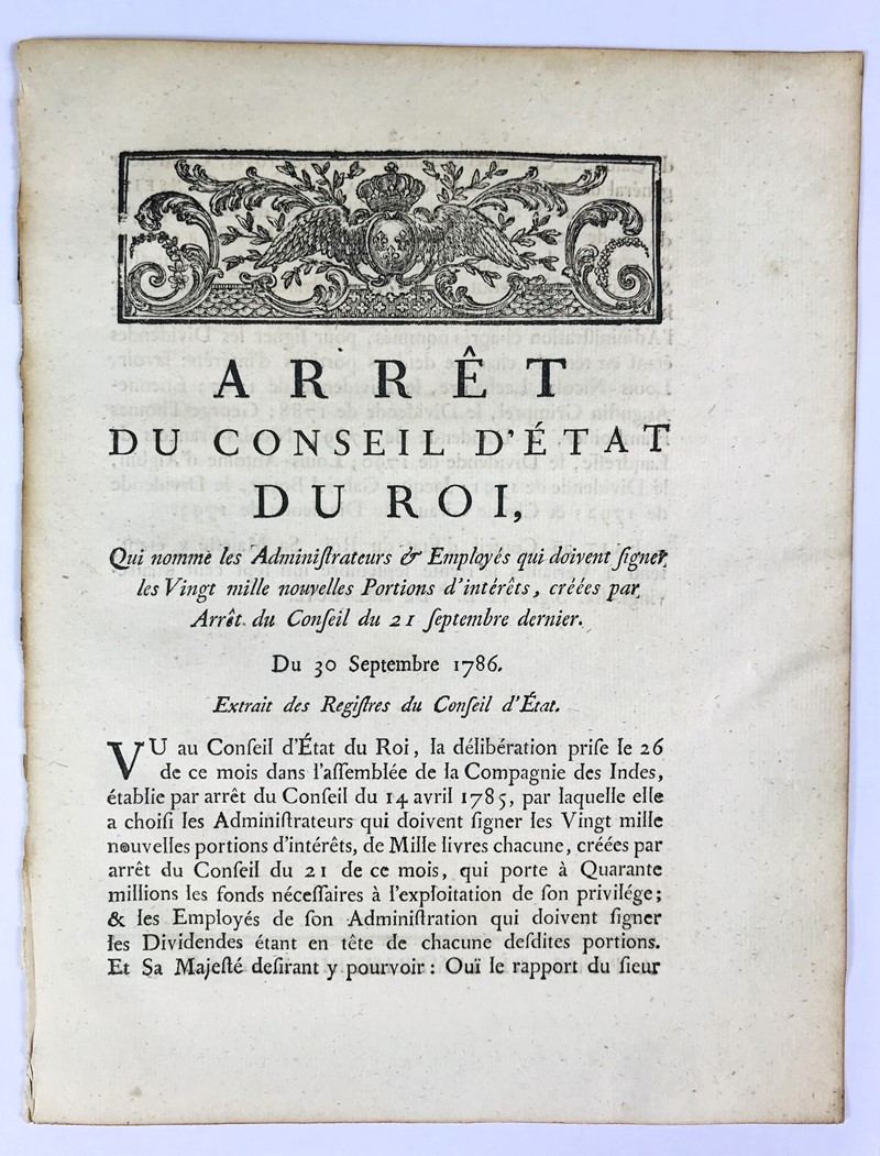 Compagnie Des Indes. CALONNE. Arr&#234;t du Conseil d’&#201;tat du  [..]