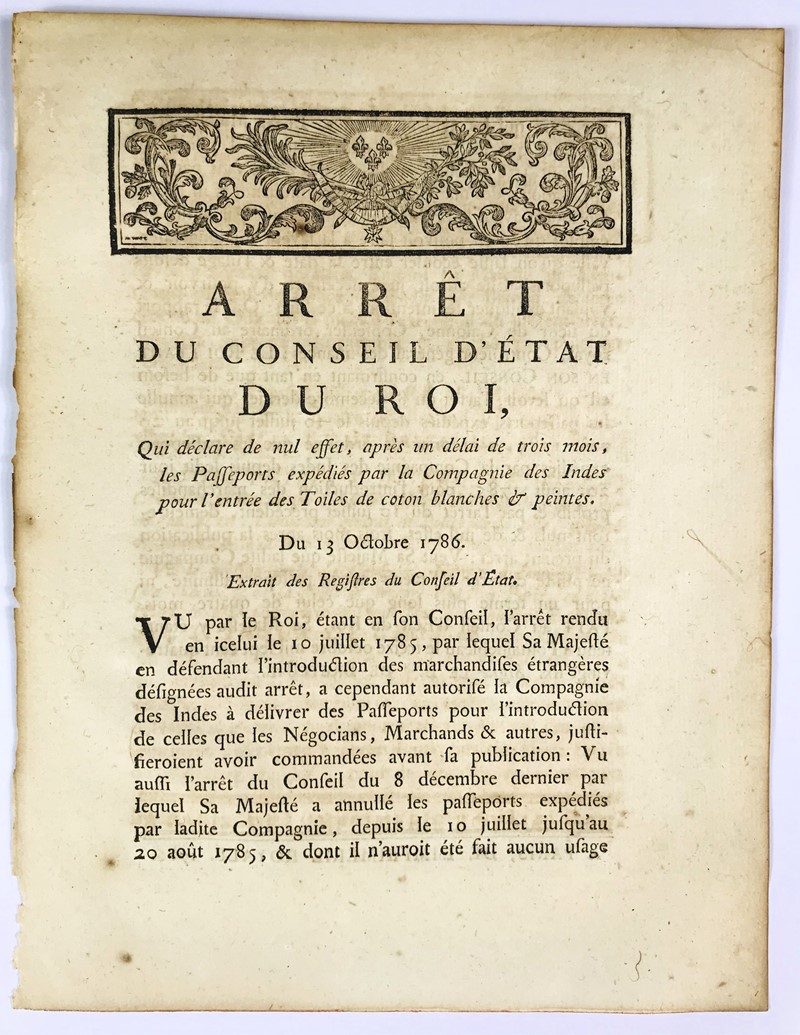 Compagnie Des Indes. CALONNE. Arr&#234;t du Conseil d’&#201;tat du  [..]