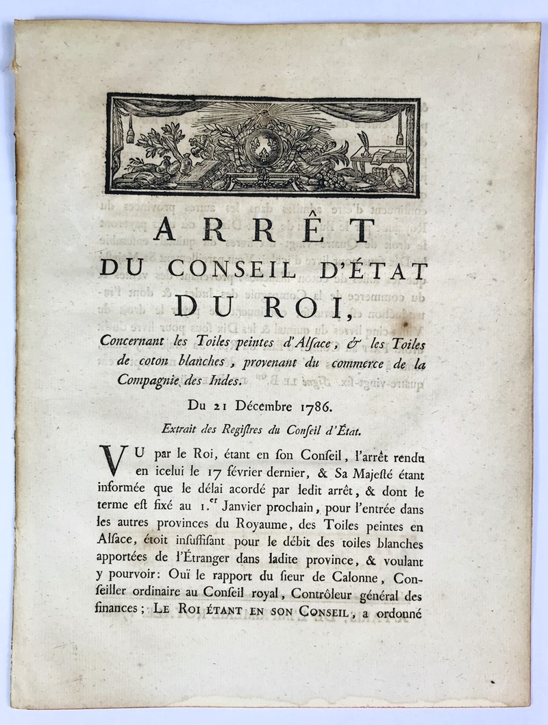 Compagnie Des Indes. Manufactures of Alsace. CALONNE. Arr&#234;t du Conseil  [..]