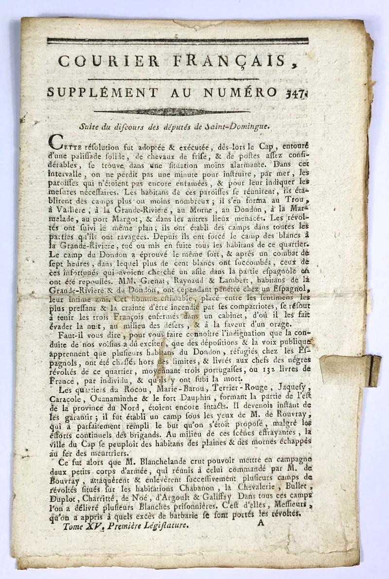 Santo Domingo Slave Uprising. Courier Fran&#231;ais. Suite du Discours des D&#233;put&#233;s  [..]
