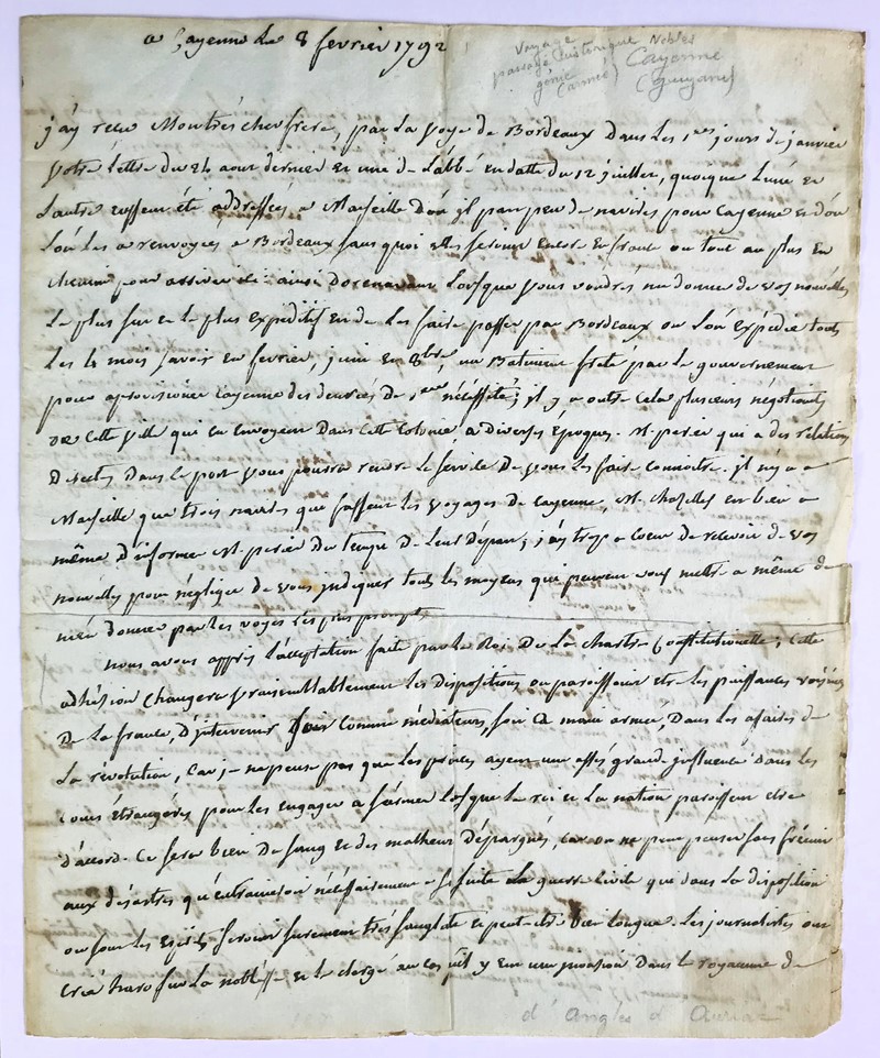 Guyane Fran&#231;aise - Cayenne. Lettera autografa di un capitano al fratello  [..]