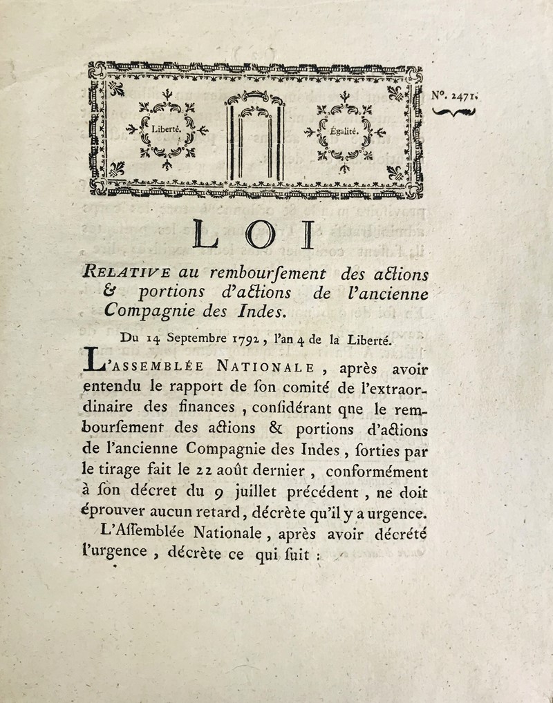 Compagnie Des Indes. Loi Relative au remboursement des Actions &amp; portions  [..]