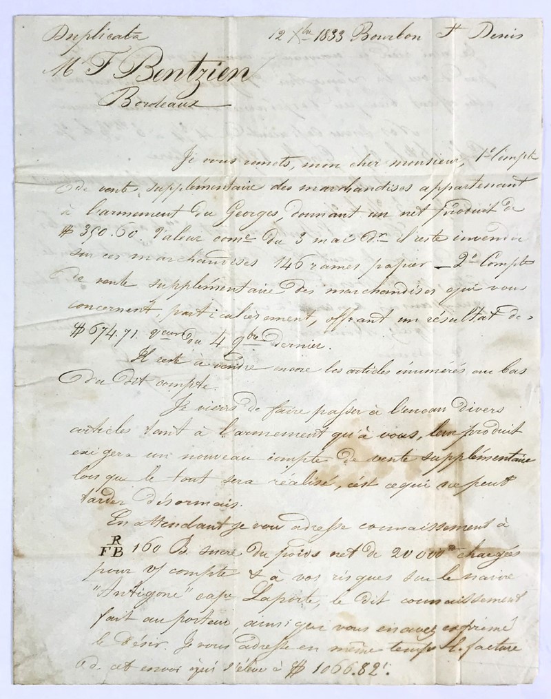 Freemasonry in La Reunion. Lettera commerciale autografa firmata indirizzata a Mr  [..]