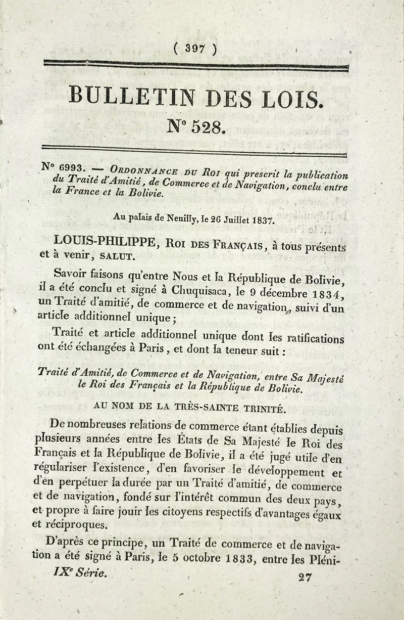 Bolivia – Francia. LOUIS-PHILIPPE Roi des Francais.  Ordonnance du Roi qui  [..]