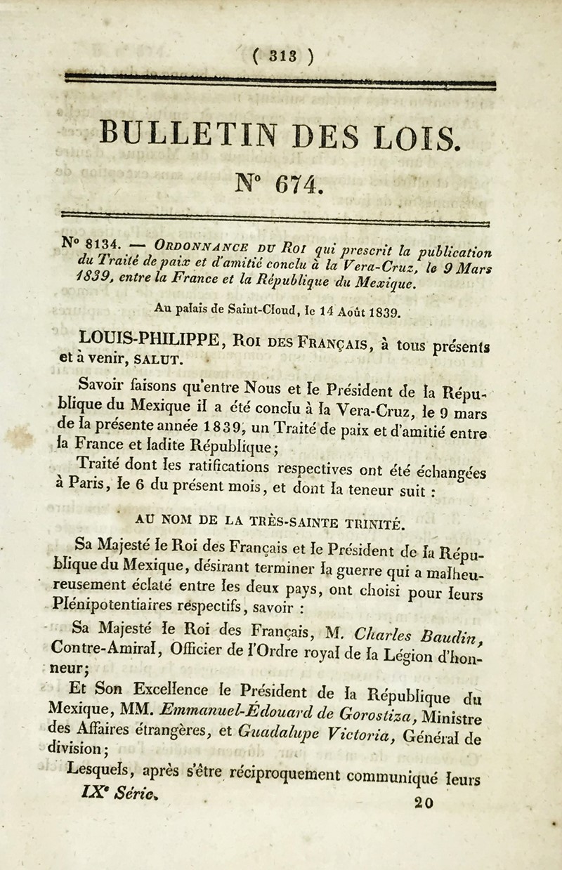 End of Pastry War between France and Mexico. LOUIS-PHILIPPE Roi des Francais. Trait&#233;  [..]