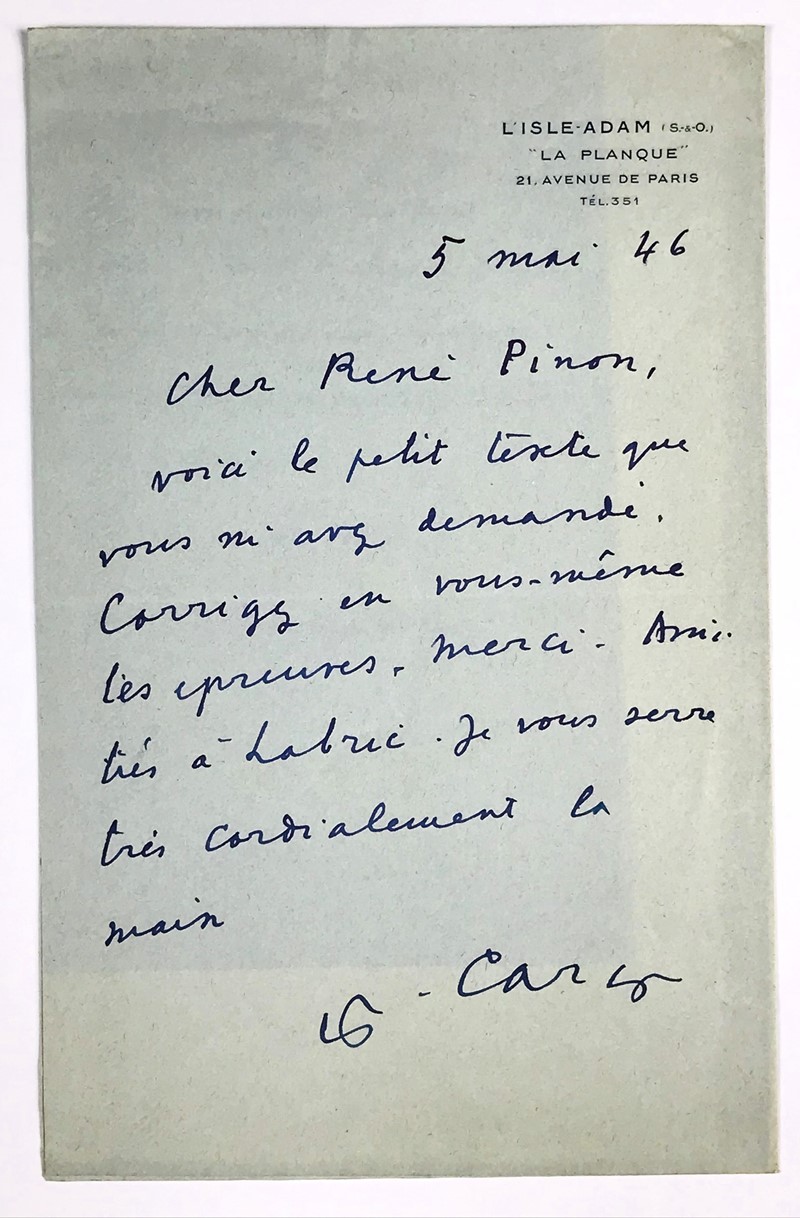 Autograph letter. CARCOPINO TUSOLI (Francis CARCO). Lettera autografa firmata, indirizzata  [..]