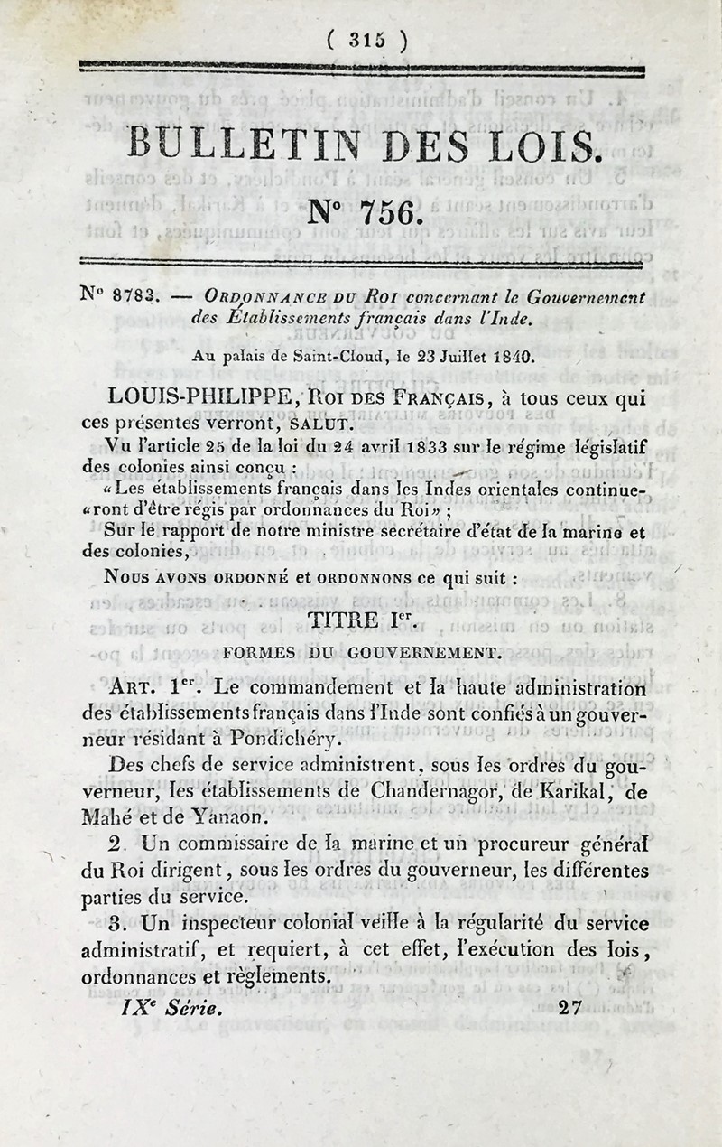 French colonies in India. LOUIS Philippe, Roi des Fran&#231;ais. Ordonnance  [..]