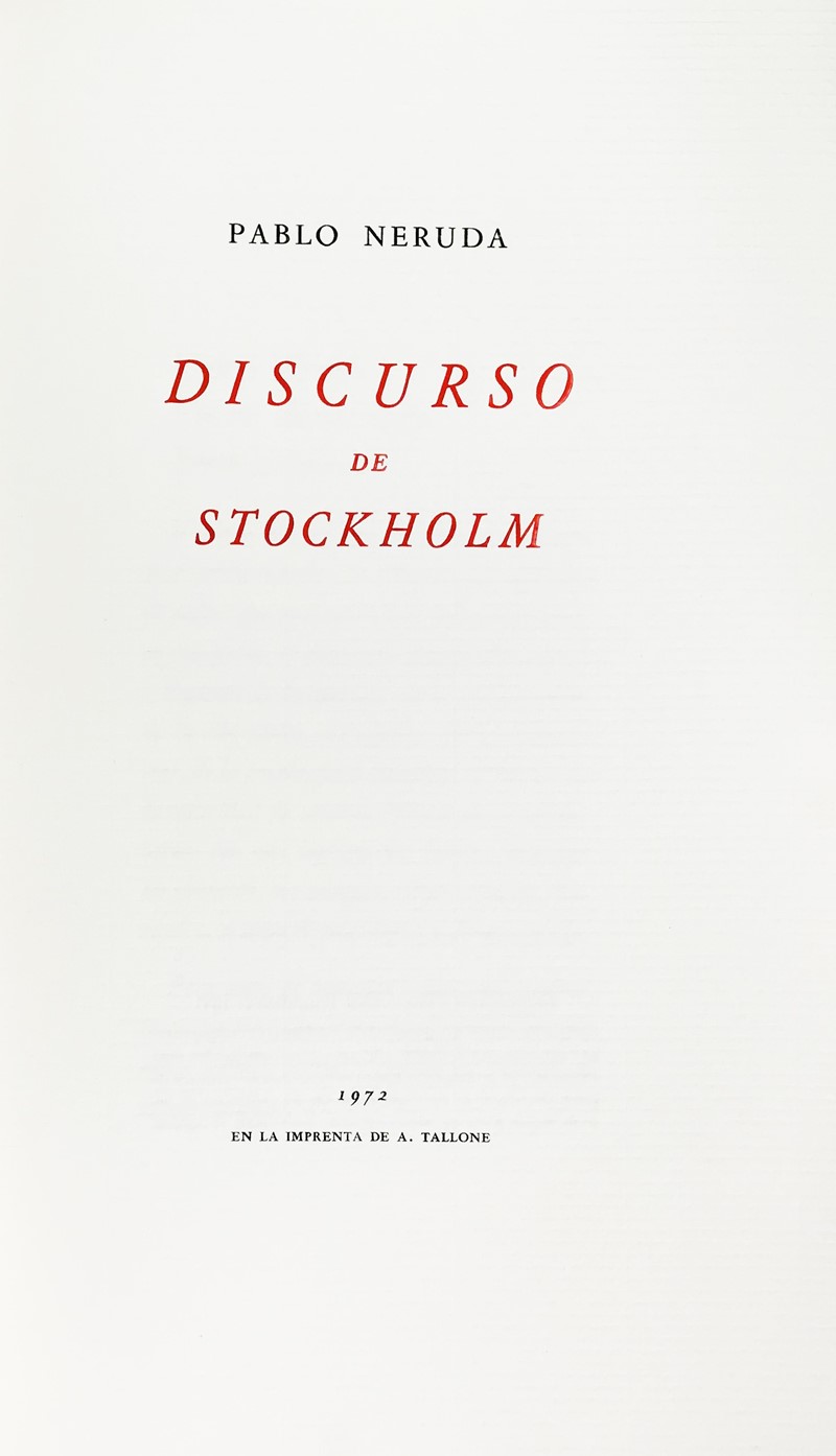 Speech for Nobel Prize. NERUDA. Discurso de Stockholm.  - Auction Books, Autographs,  [..]