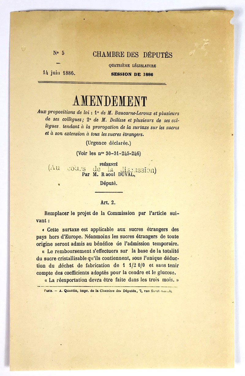 French colony - Sugar. DELLISSE. Chambre des Deputes. Amendement aux propositions  [..]