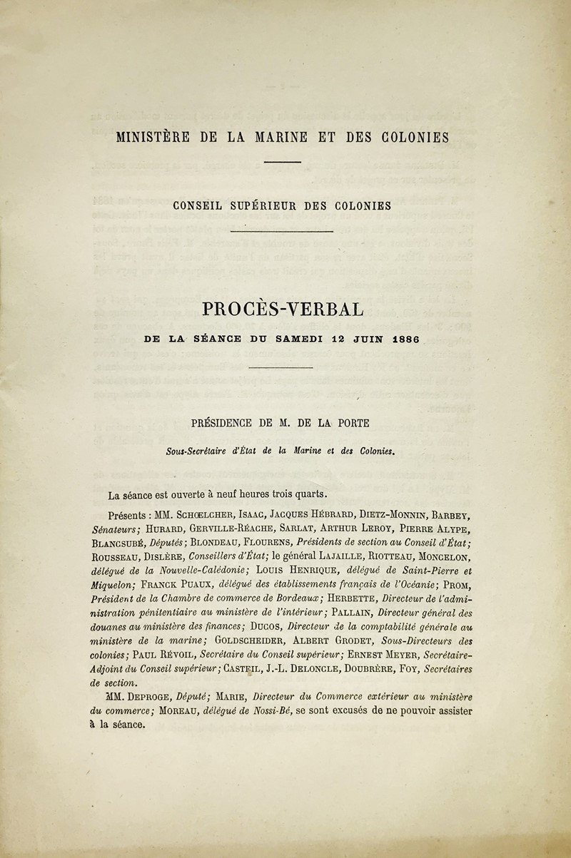 French colonies in India. SCHOELCHER - DE LA PORTE. Ministere de la Marine et des  [..]