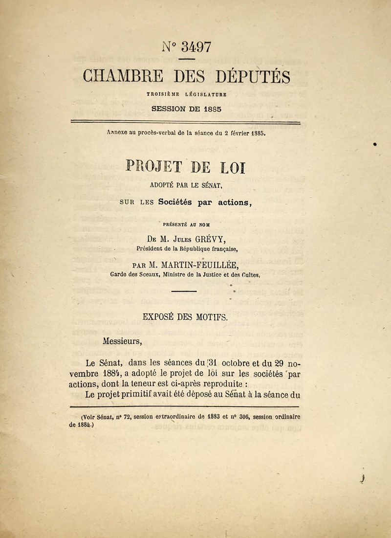 Joint-stock company. GREVY – MARTIN-FEUILLEE. Chambre des Deputes. Projet  [..]