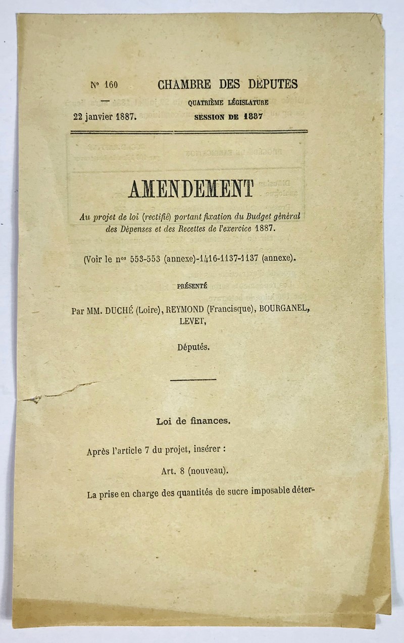 Sugar. Chambre des Deputes. Amendement au projet de loi portant fixation du Budget  [..]