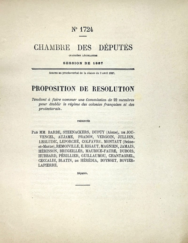 Economy and budgets of the French colonies. AA. VV. Chambre des Deputes. Proposition  [..]