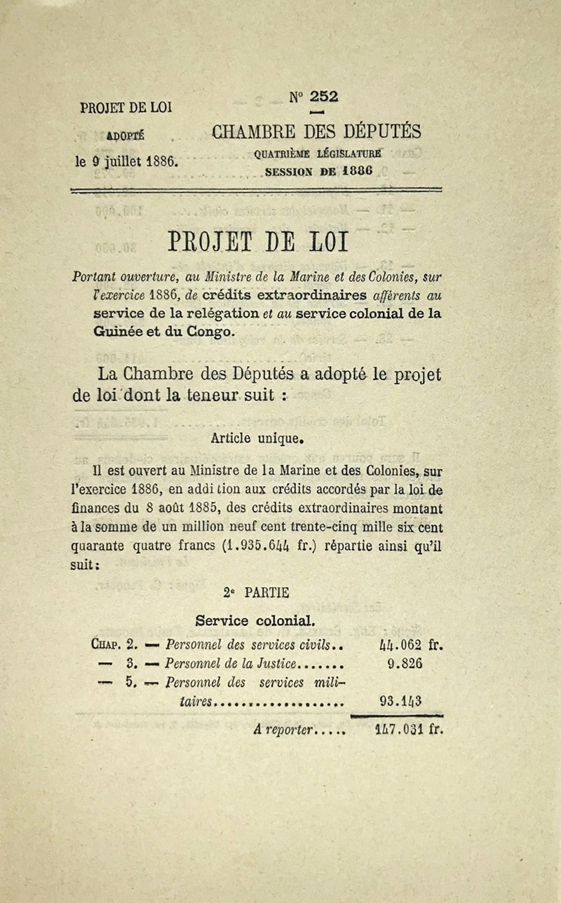 Guinea – Congo. FLOQUET. Chambre des Deputes. Projet de loi portant ouverture...  [..]