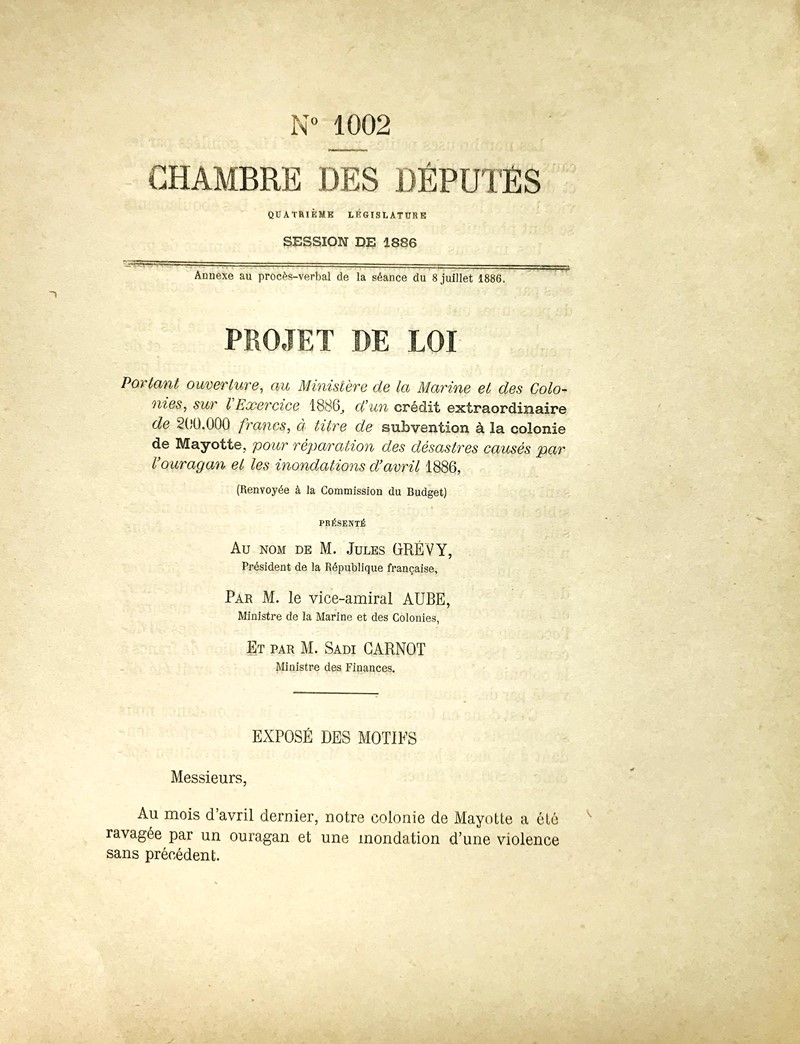 Hurricane on Mayotte island. GREVY – AUBE – CARNOT. Chambre des Deputes.  [..]