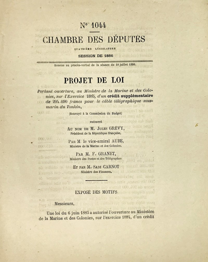 Tonkin submarine telegraph cable. GREVY – AUBE – GRANET – CARNOT.  [..]