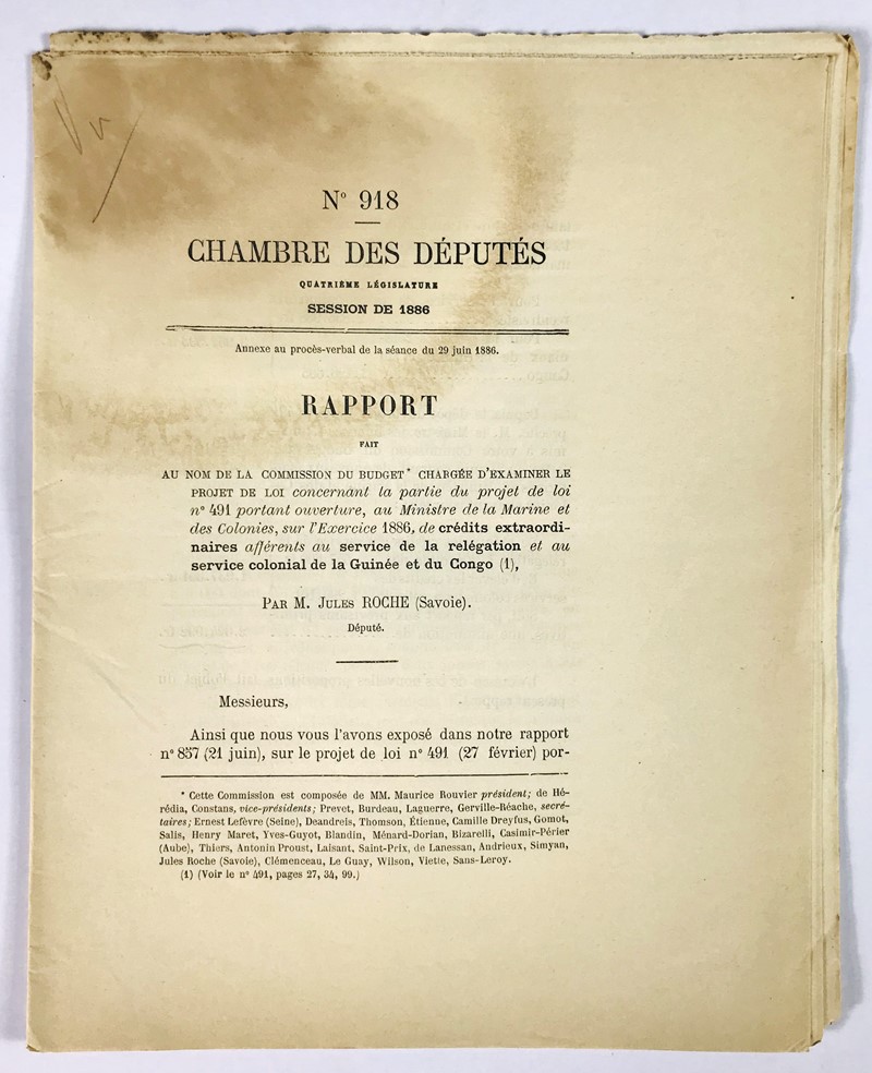 Guinea - Congo. Penal colonies. ROCHE. Rapport fait au nom de la Commission du budget  [..]