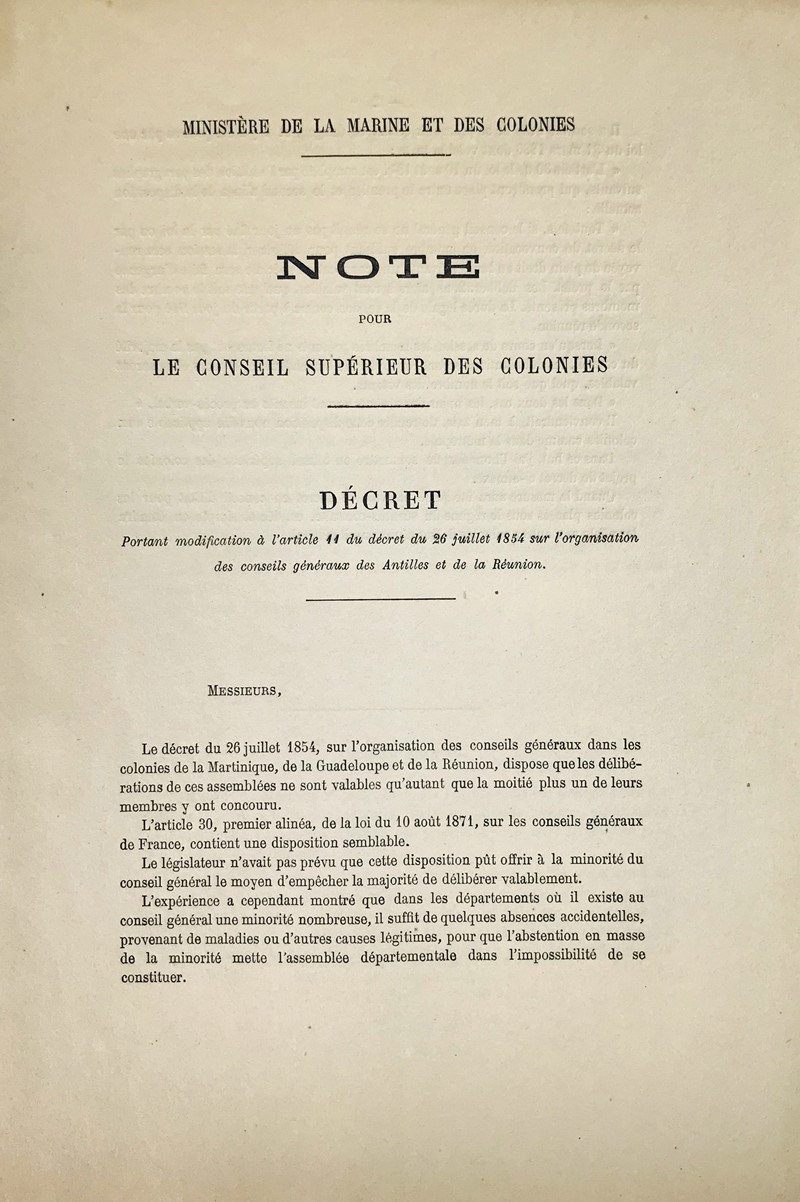 Antilles - La Reunion. AUBE. Ministere de la Marine et des Colonies. Decret portant  [..]