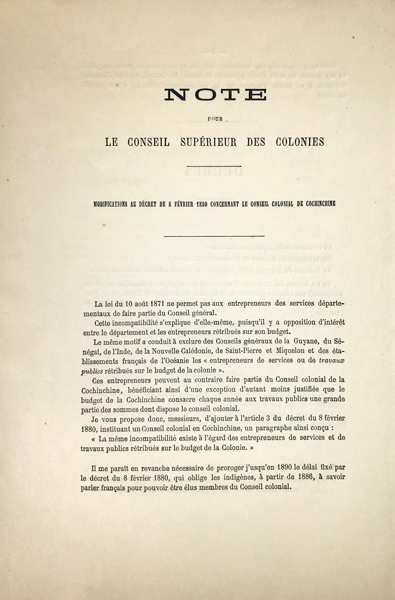 Cochinchina. AUBE. Note pour le Conseil superieur des colonies. Modification au  [..]