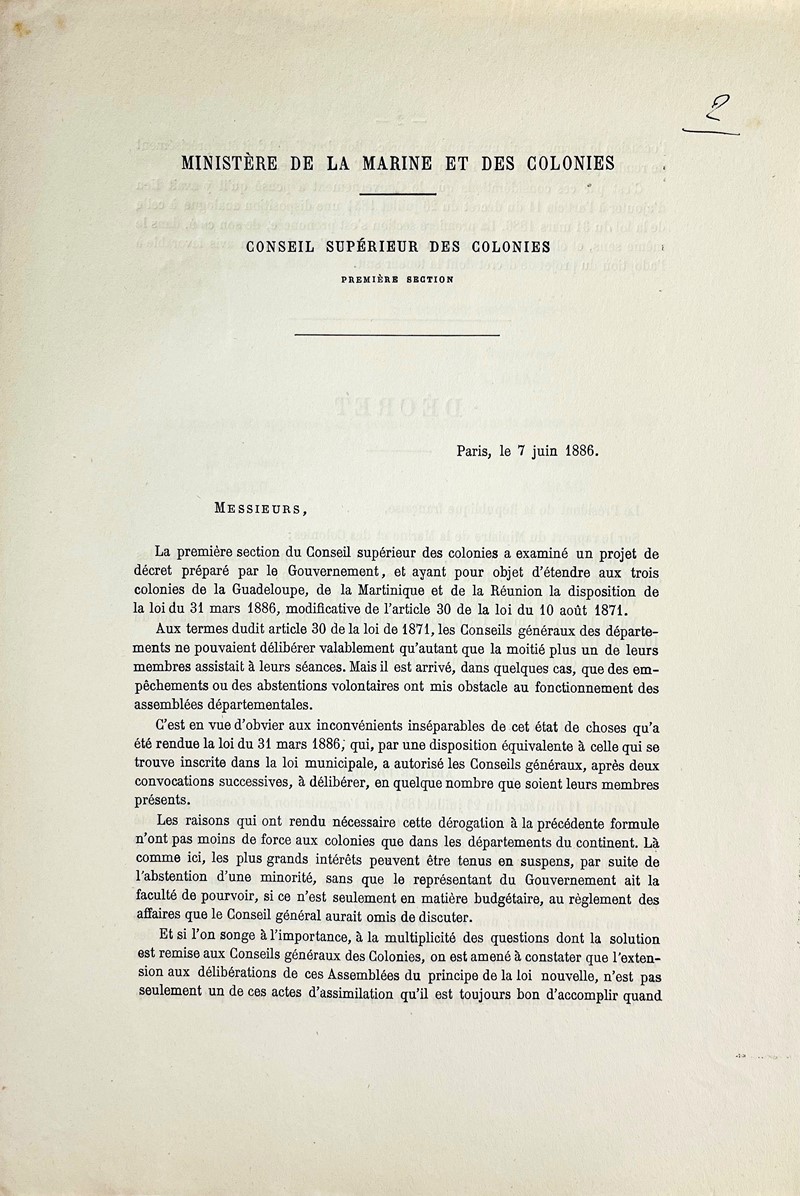 Guadeloupe, Martinique, La Reunion. ISAAC. Projet de decret prepare par le Gouvernement,  [..]