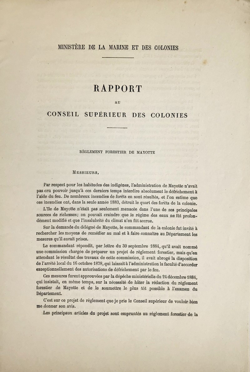 Mayotte&#39;s forests. DE LA PORTE. Ministere de la Marine et des Colonies.  [..]