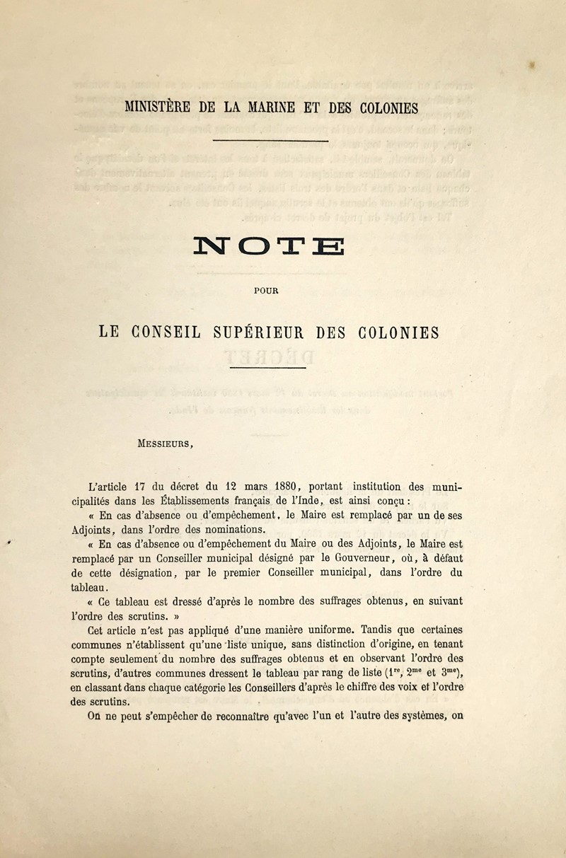 India. AUBE. Ministere de la Marine et des Colonies… Decret portant institution  [..]