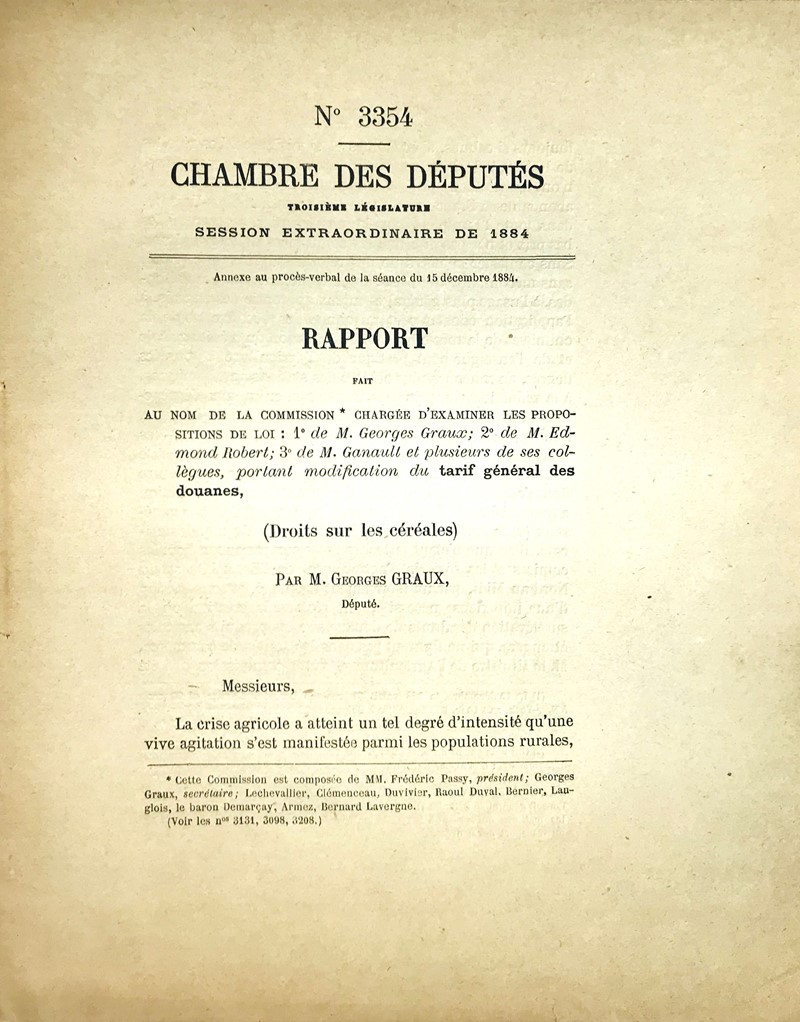 Cereals. GRAUX. Chambre des Deputes. Rapport fait au nom de la Commission chargee  [..]
