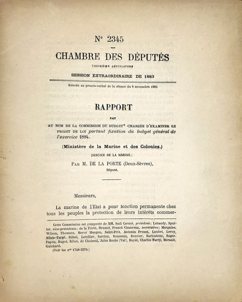 Colonial Finance. DE LA PORTE. Rapport fait au nom de la Commission du budget chargee  [..]