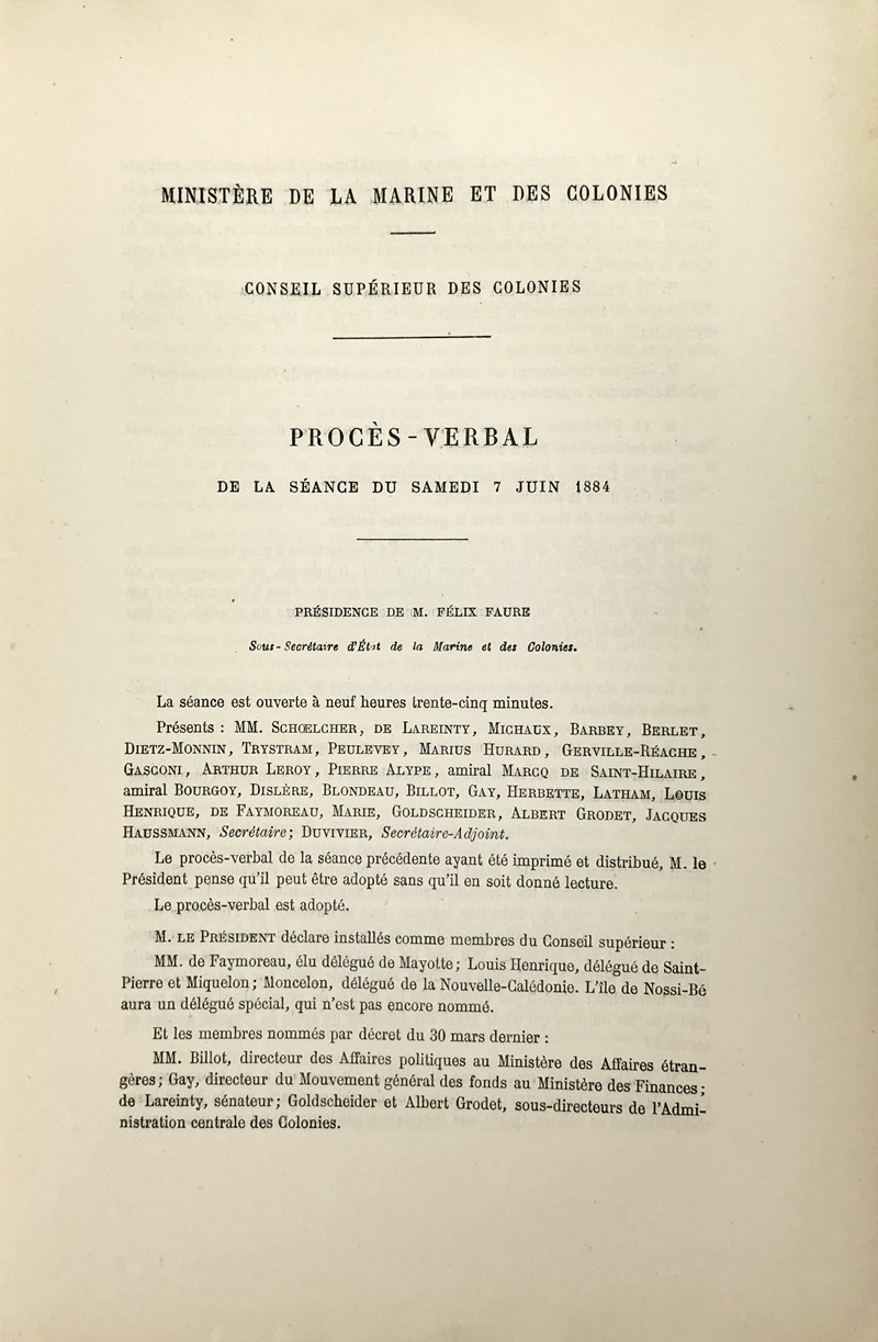 Management of the Colonies. FAURE – SCHOELCHER. Ministere de la Marine et  [..]