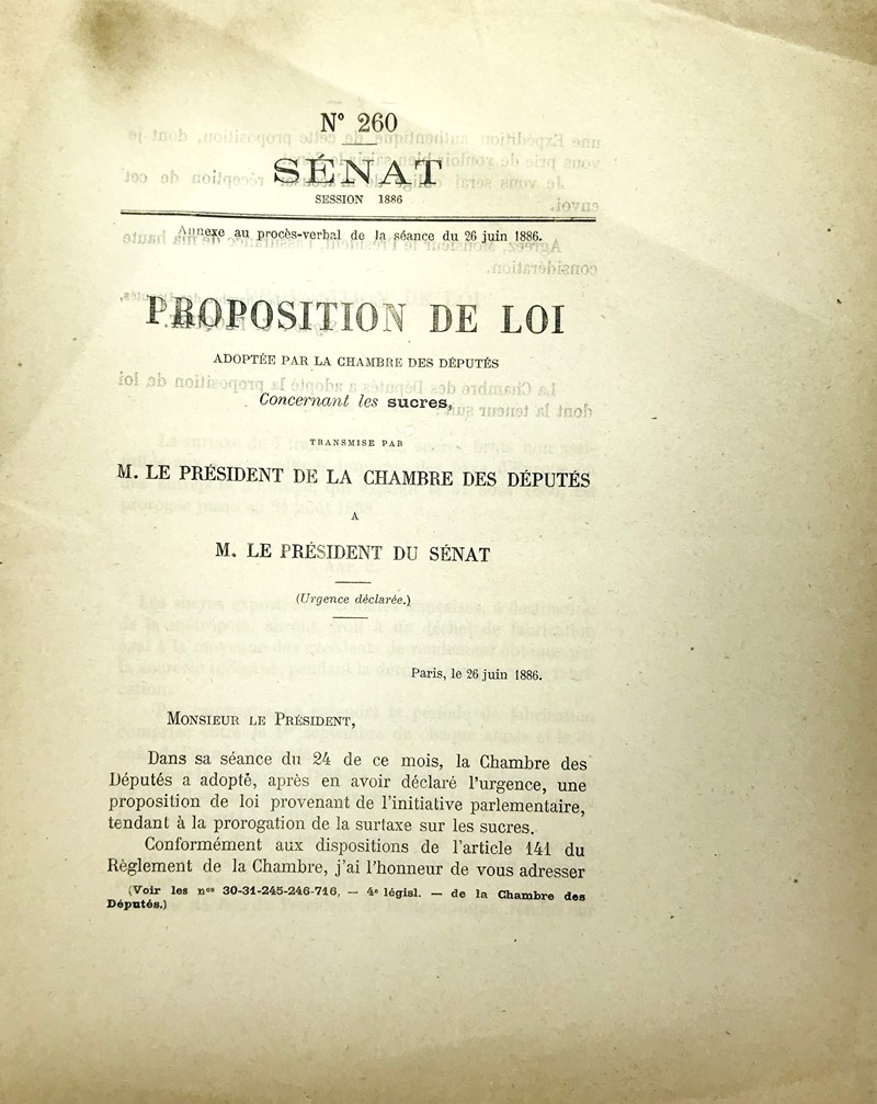 Sugar. FLOQUET. Proposition de loi concernant les sucres.  - Auction Books, Autographs,  [..]