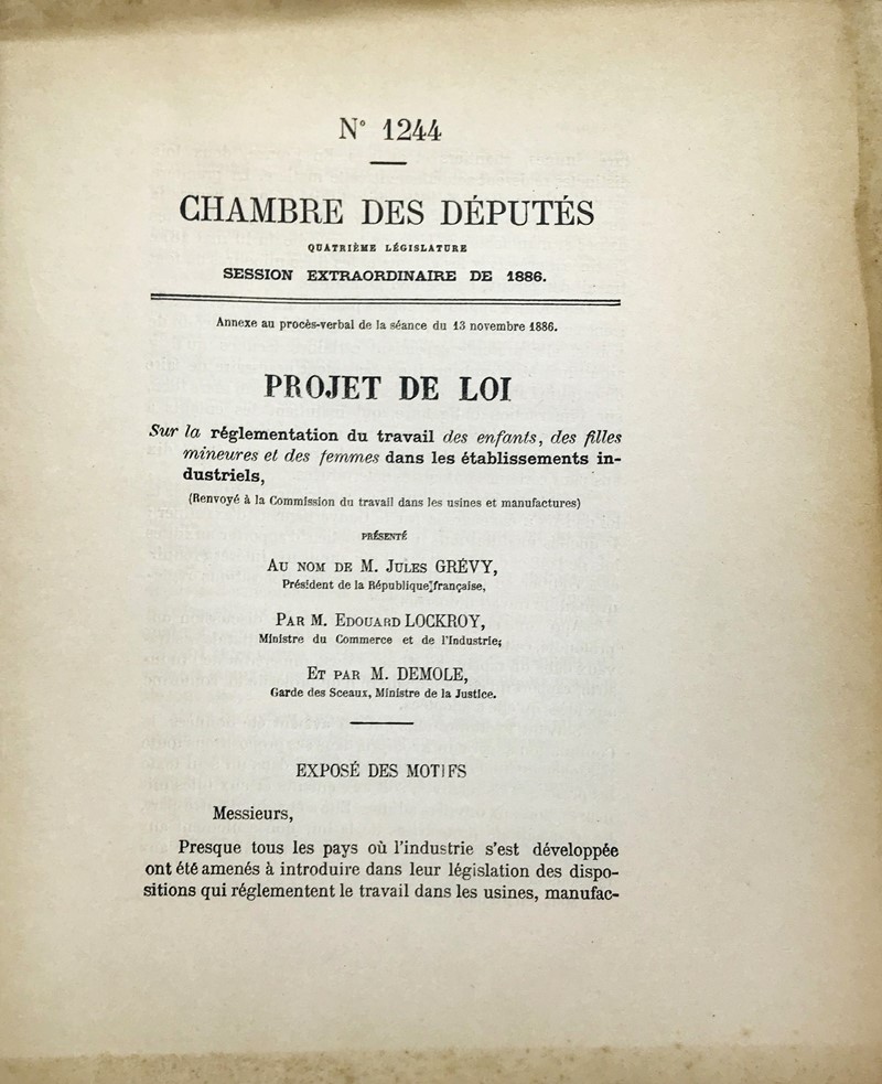 Work of minors and women in factories. GREVY – LOCKROY – DEMOLE. Projet  [..]