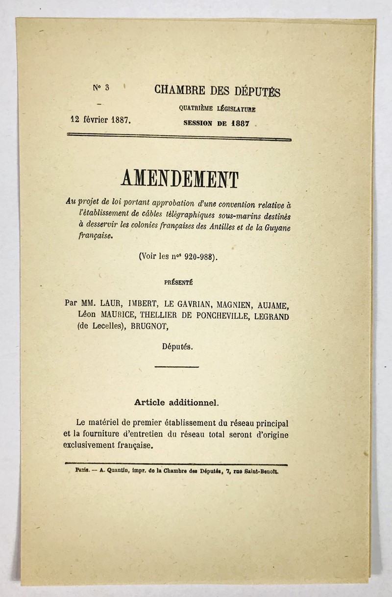Submarine telegraph cable - Antilles, Guyana. AA.VV. Amendement au projet de loi  [..]