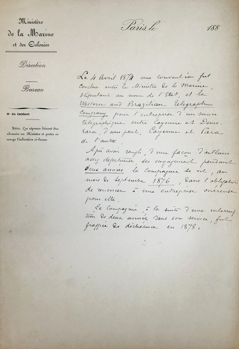 Cayenne Telegraphy. Convention entre le Ministre de la Marine et des Colonies…  [..]