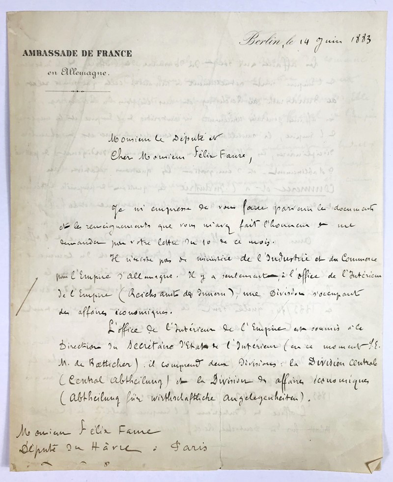 Colonial Politics in Germany. MEROU – FAURE. Lettera autografa firmata indirizzata  [..]